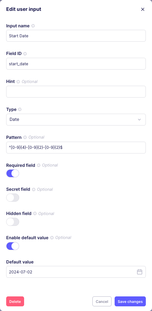 Start date input creation screen